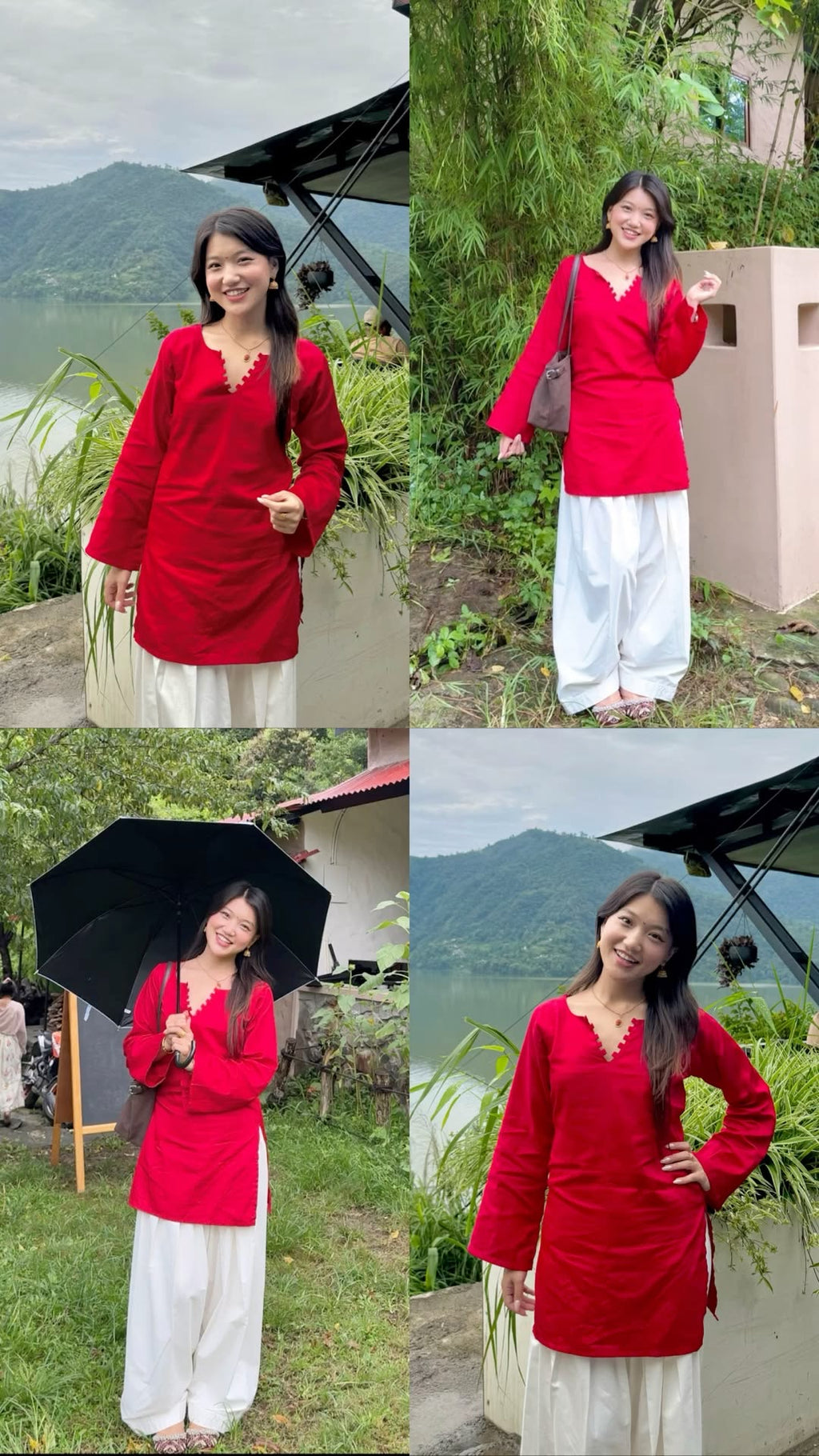 Red kurti with white farsi salwar