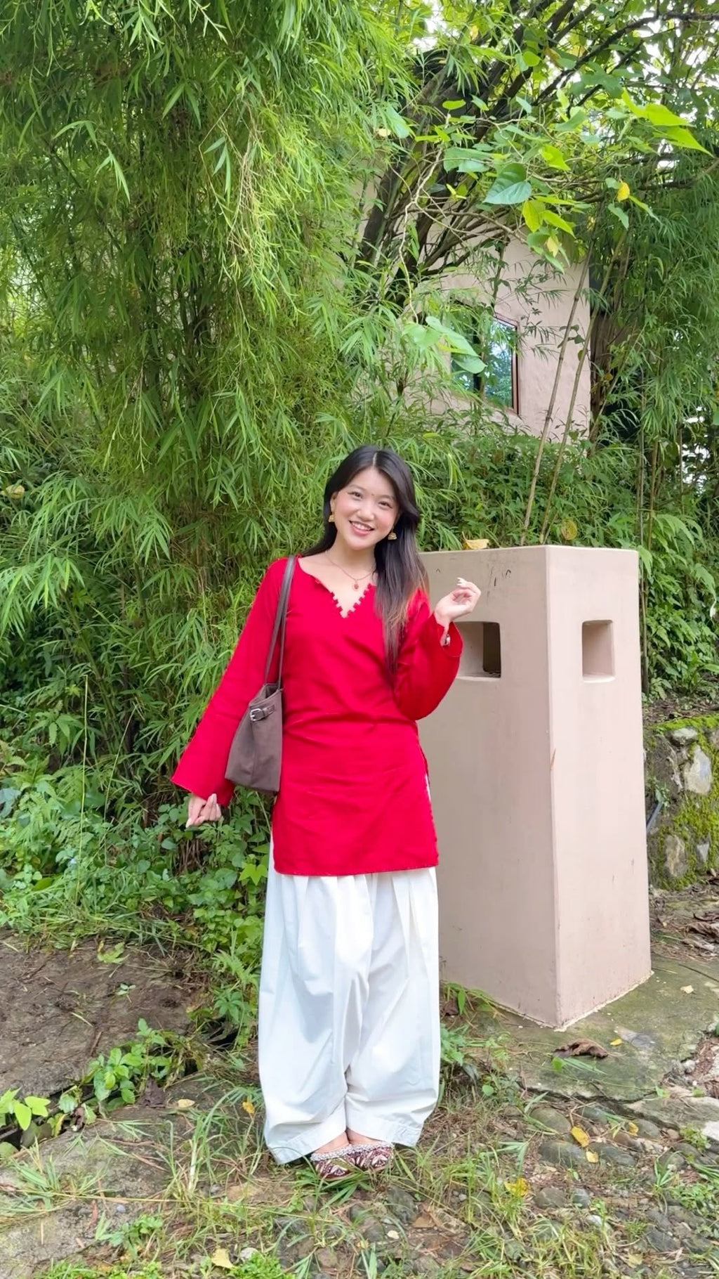 Red kurti with white farsi salwar