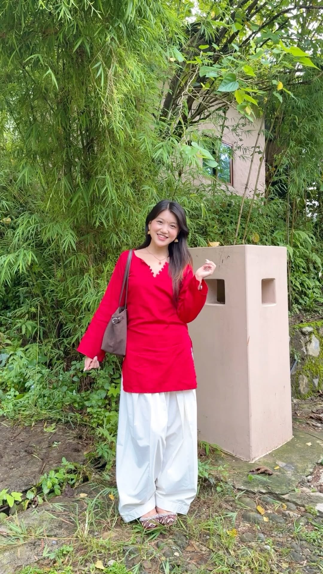 Red kurti with white farsi salwar