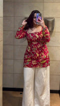Red  floral full sleeves kurti with corset back